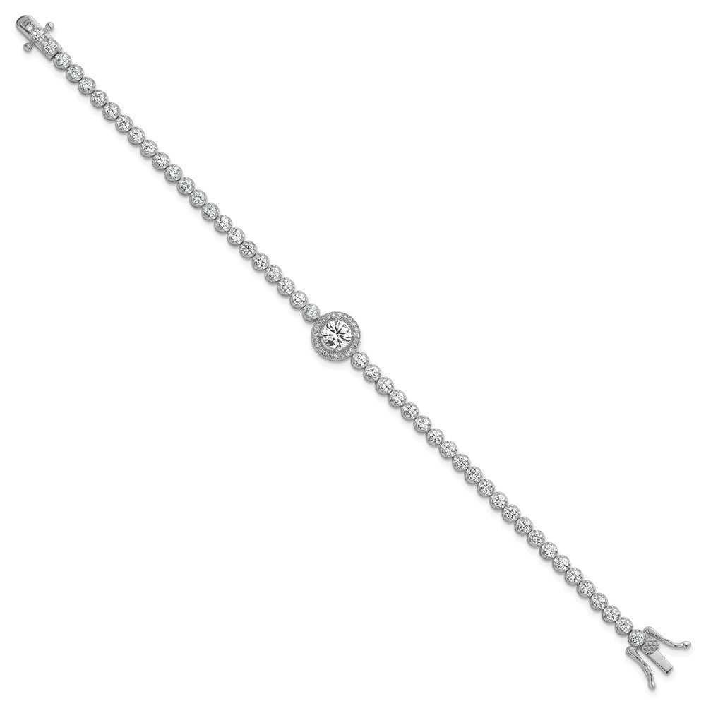 Sterling Silver Rhodium Plated Polished Round CZ Halo 7.25in Bracelet