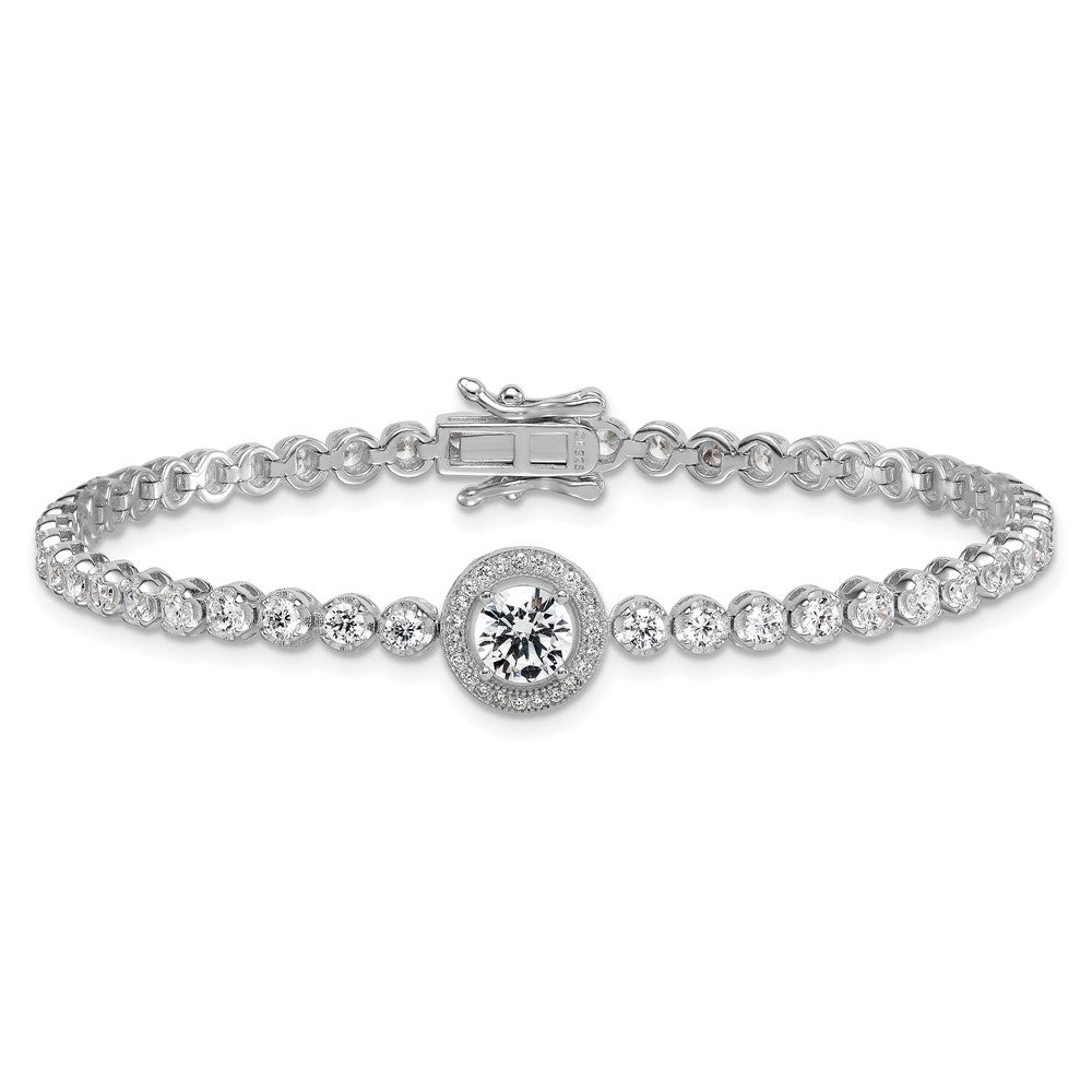 Sterling Silver Rhodium Plated Polished Round CZ Halo 7.25in Bracelet