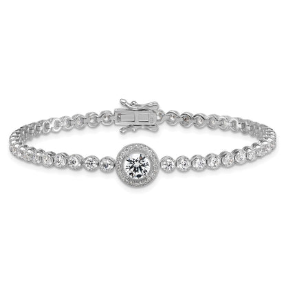 Sterling Silver Rhodium Plated Polished Round CZ Halo 7.25in Bracelet
