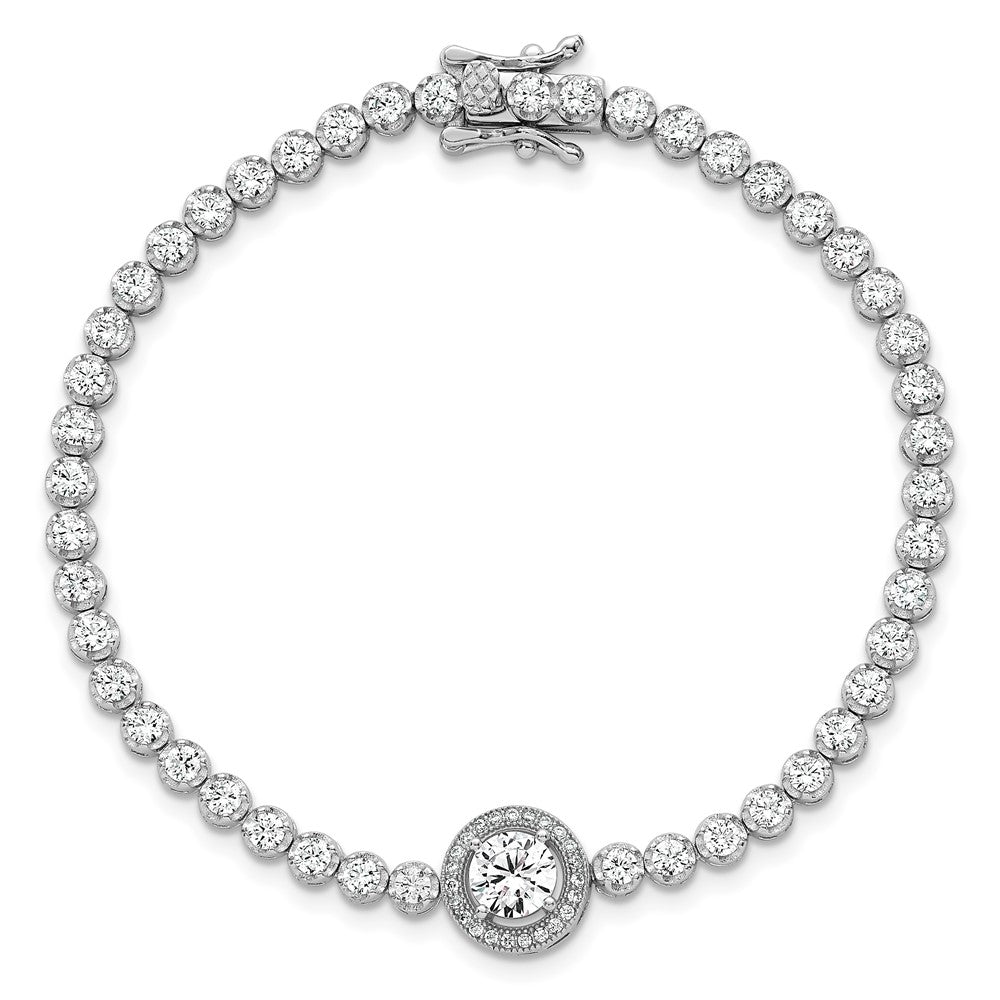 Sterling Silver Rhodium Plated Polished Round CZ Halo 7.25in Bracelet