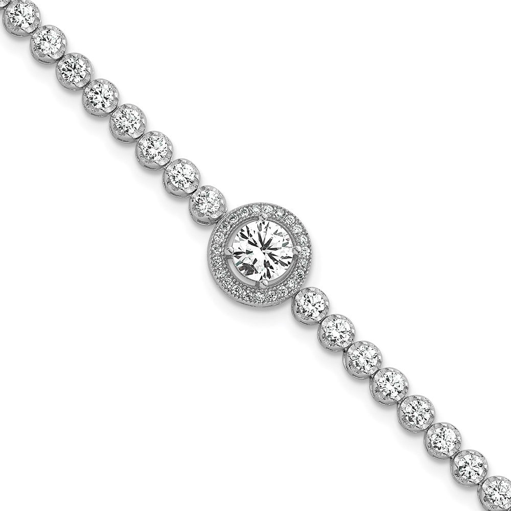 Sterling Silver Rhodium Plated Polished Round CZ Halo 7.25in Bracelet