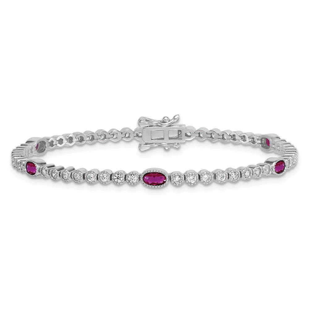 Sterling Silver Rhodium Plated Polished Red and White CZ 7in Bracelet