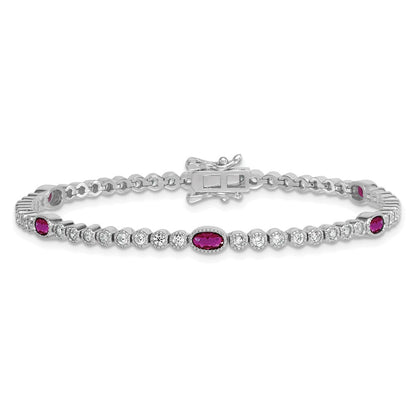Sterling Silver Rhodium Plated Polished Red and White CZ 7in Bracelet