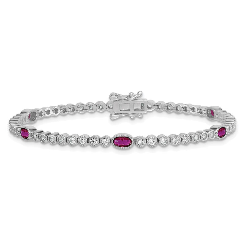 Sterling Silver Rhodium Plated Polished Red and White CZ 7in Bracelet