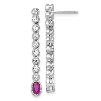 Sterling Silver Rhodium Plated Polished Red/white CZ Post Dangle Earrings