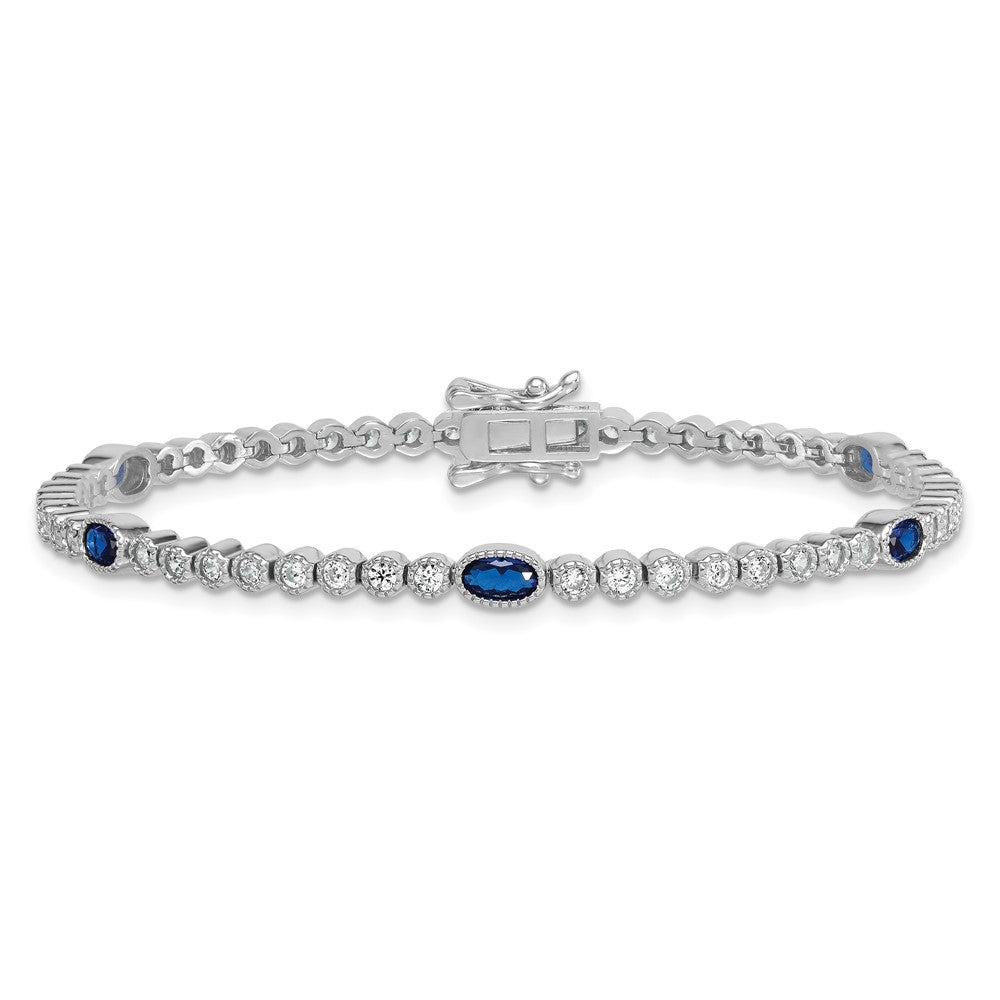 Sterling Silver Rhodium Plated Polished Blue and White CZ 7in Bracelet
