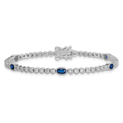 Sterling Silver Rhodium Plated Polished Blue and White CZ 7in Bracelet