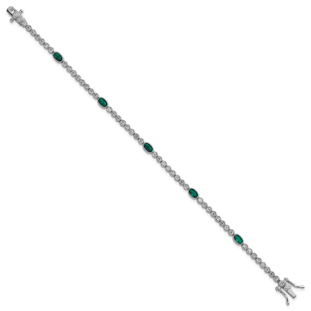 Sterling Silver Rhodium Plated Polished Green and White CZ 7in Bracelet