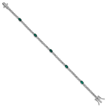 Sterling Silver Rhodium Plated Polished Green and White CZ 7in Bracelet