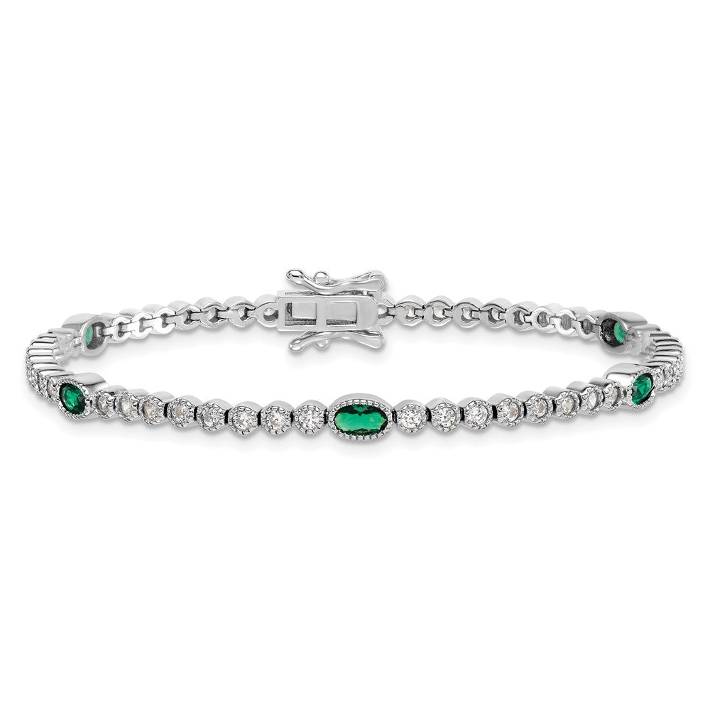 Sterling Silver Rhodium Plated Polished Green and White CZ 7in Bracelet