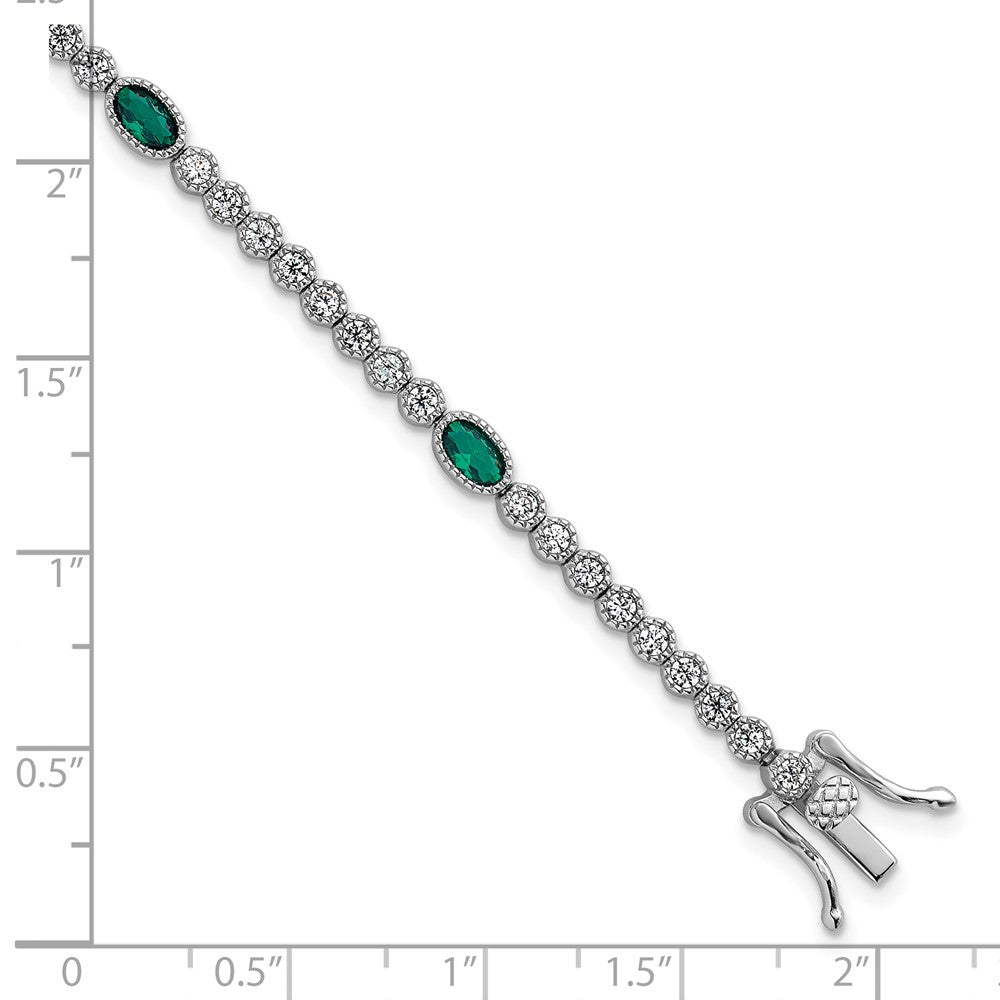 Sterling Silver Rhodium Plated Polished Green and White CZ 7in Bracelet