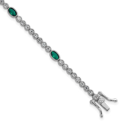 Sterling Silver Rhodium Plated Polished Green and White CZ 7in Bracelet