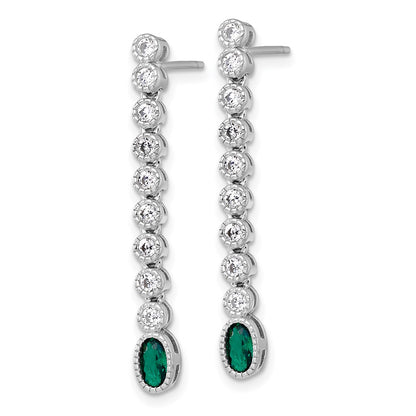 Sterling Silver Rhodium Plated Polished Green/white CZ Post Dangle Earrings