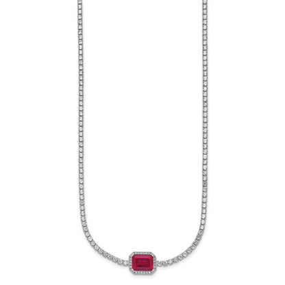 Sterling Silver Rhodium Plated Red and White CZ 16in W/ 2in Ext Tennis Necklace