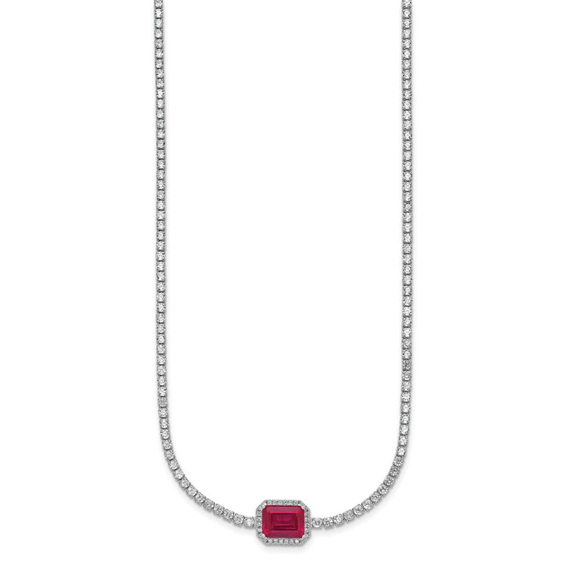 Sterling Silver Rhodium Plated Red and White CZ 16in W/ 2in Ext Tennis Necklace