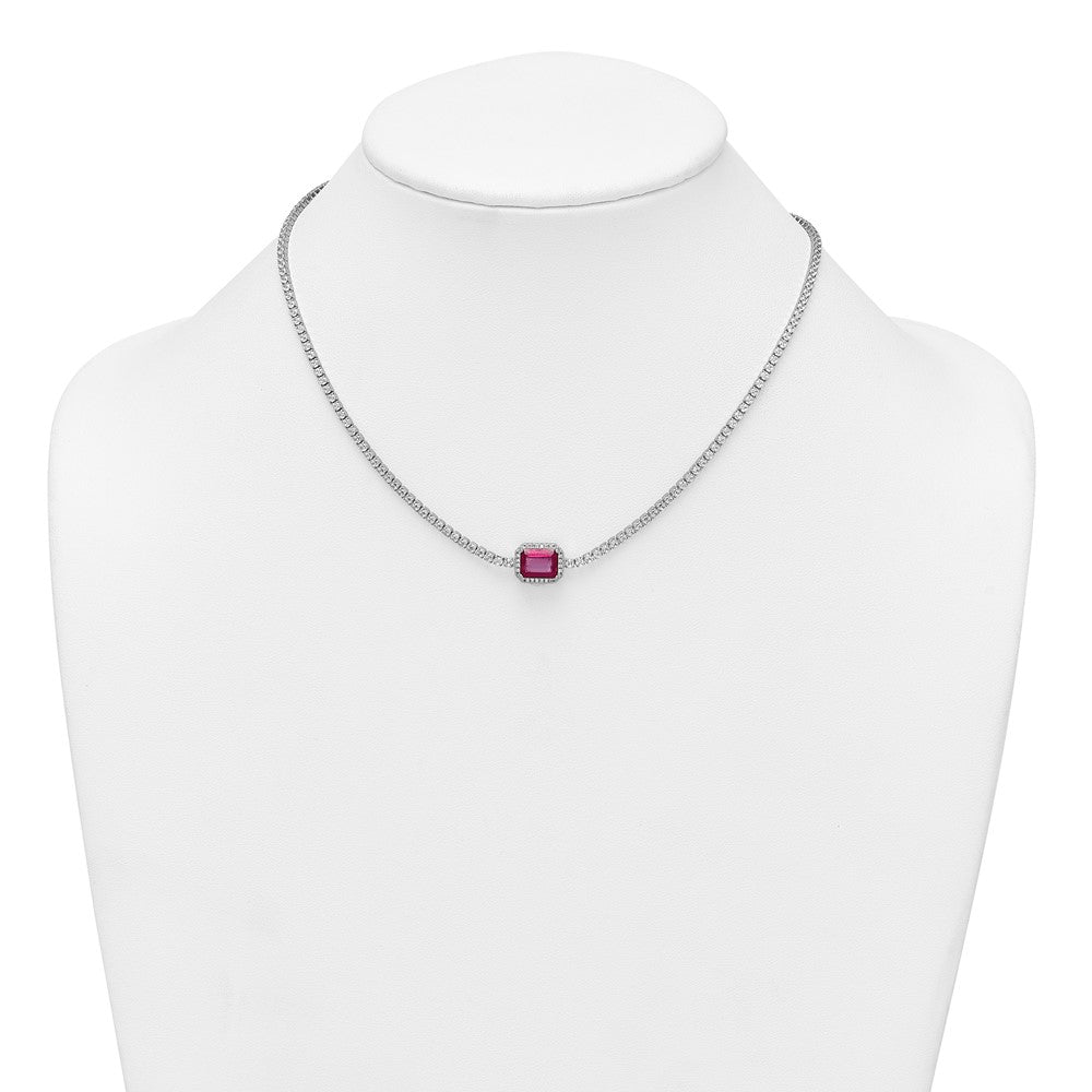 Sterling Silver Rhodium Plated Red and White CZ 16in W/ 2in Ext Tennis Necklace