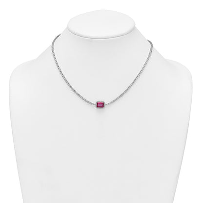 Sterling Silver Rhodium Plated Red and White CZ 16in W/ 2in Ext Tennis Necklace