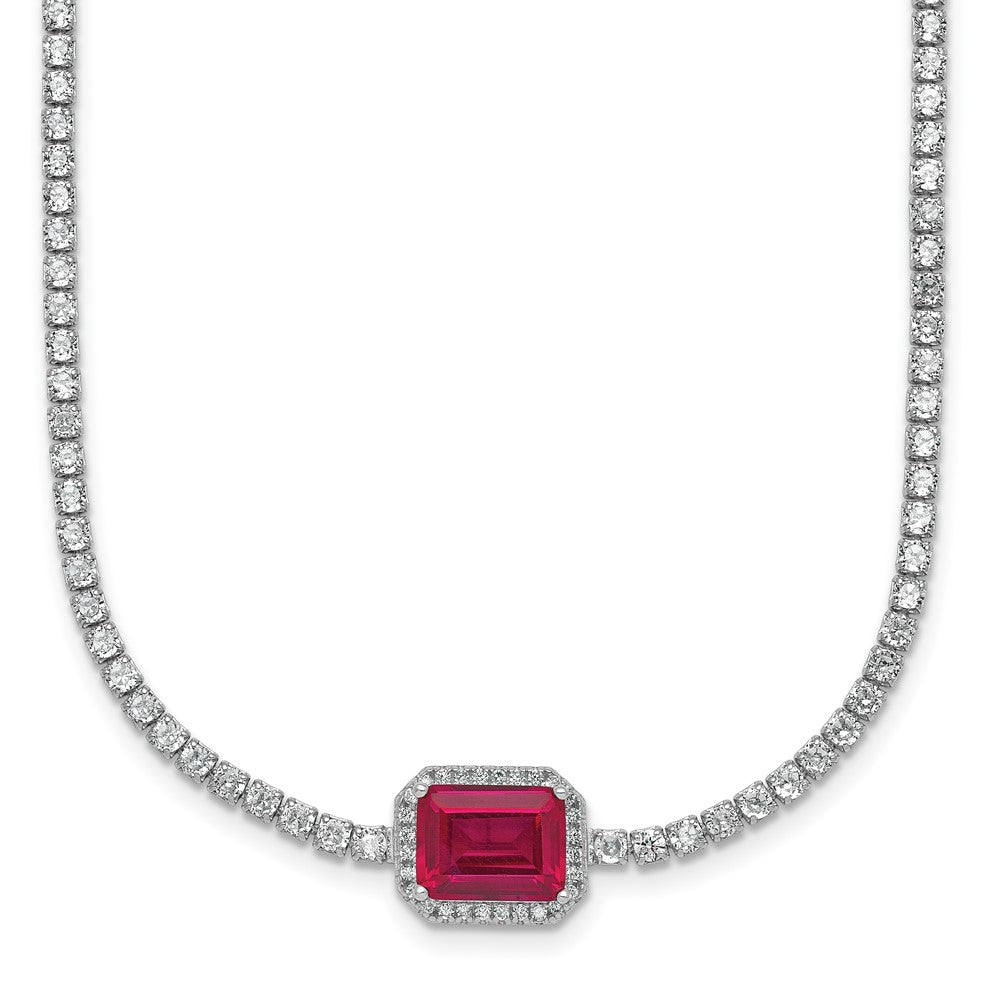 Sterling Silver Rhodium Plated Red and White CZ 16in W/ 2in Ext Tennis Necklace