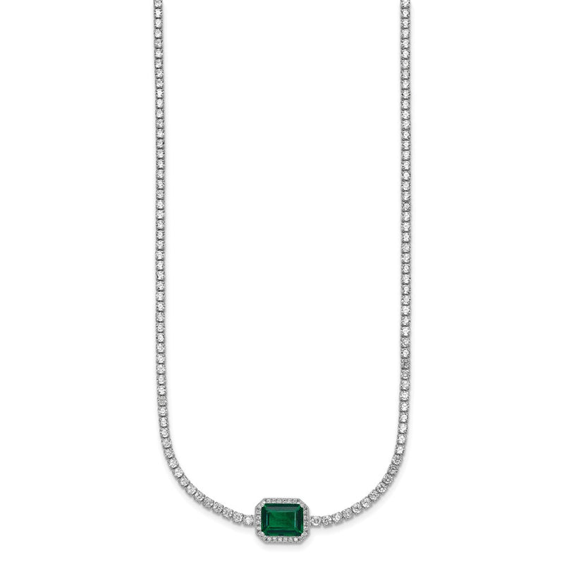 Sterling Silver Rhodium Plated Green and White CZ 16in W/ 2in Ext Tennis Necklac