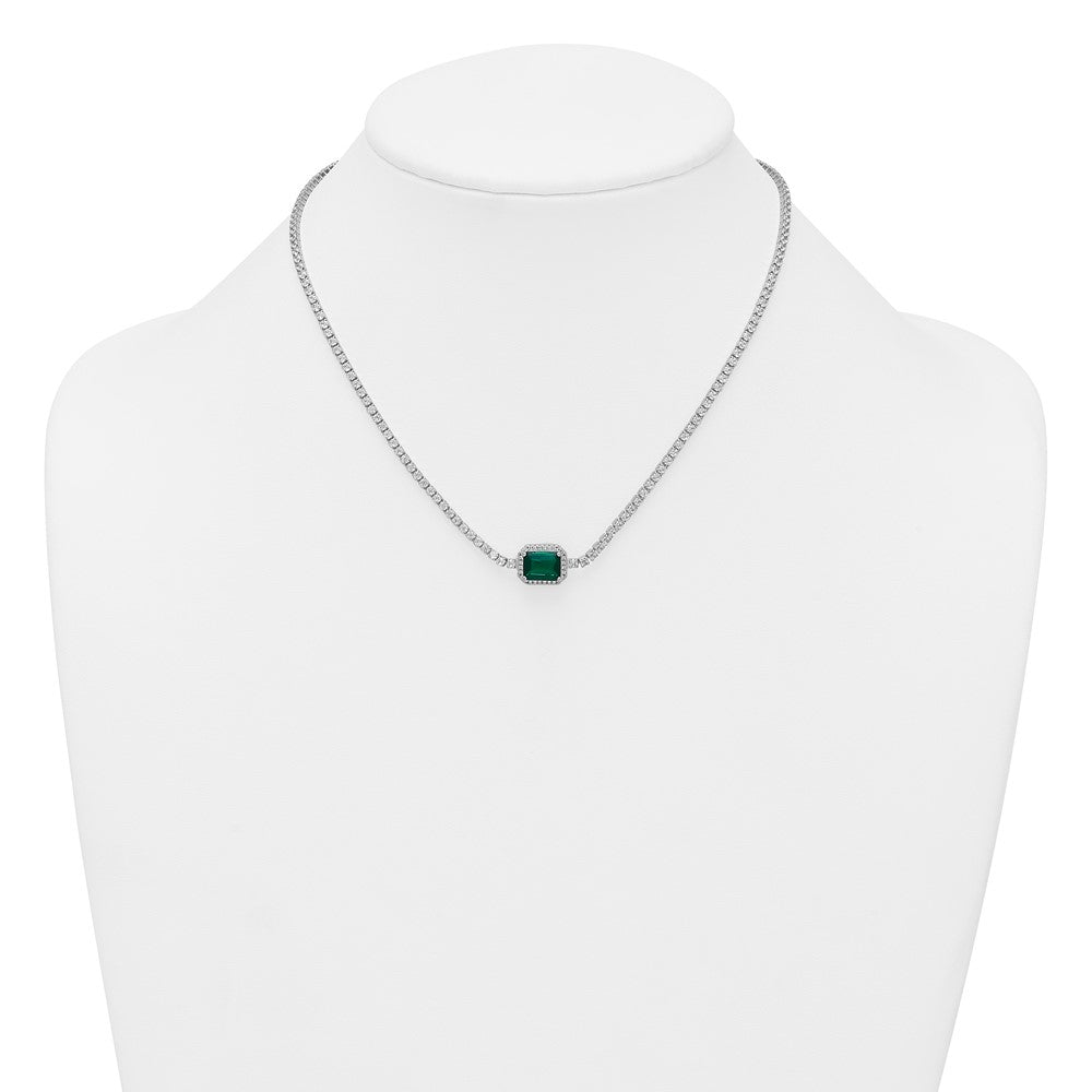 Sterling Silver Rhodium Plated Green and White CZ 16in W/ 2in Ext Tennis Necklac