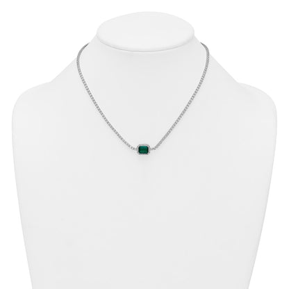 Sterling Silver Rhodium Plated Green and White CZ 16in W/ 2in Ext Tennis Necklac