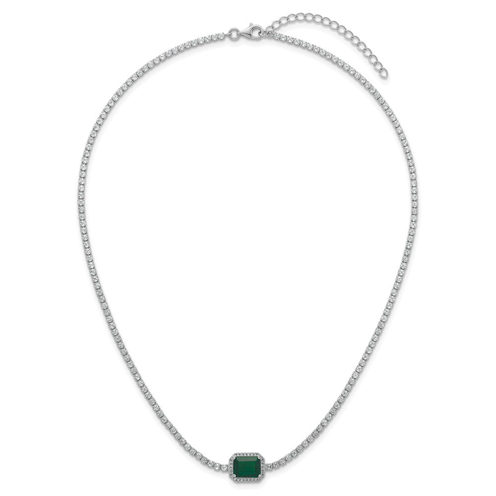 Sterling Silver Rhodium Plated Green and White CZ 16in W/ 2in Ext Tennis Necklac
