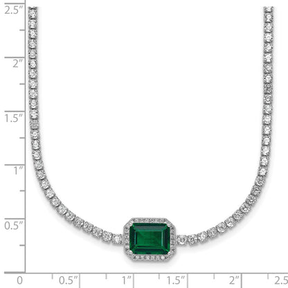 Sterling Silver Rhodium Plated Green and White CZ 16in W/ 2in Ext Tennis Necklac