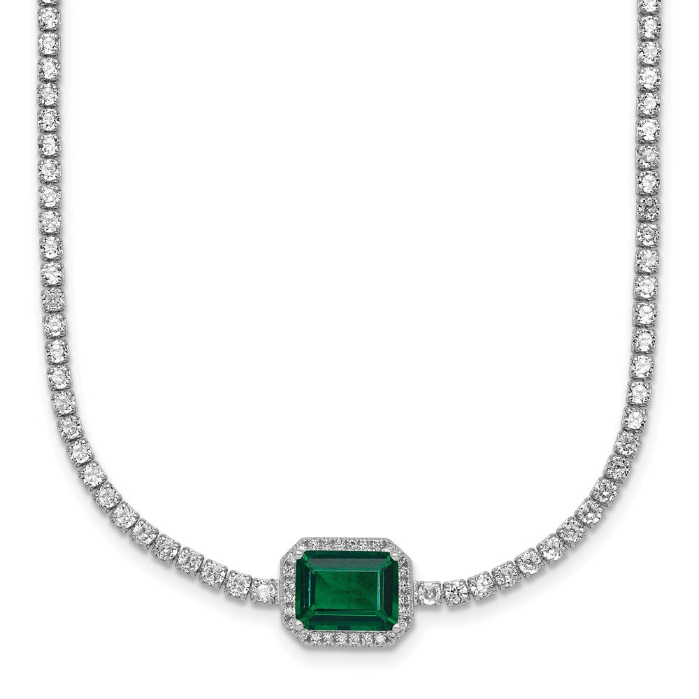 Sterling Silver Rhodium Plated Green and White CZ 16in W/ 2in Ext Tennis Necklac