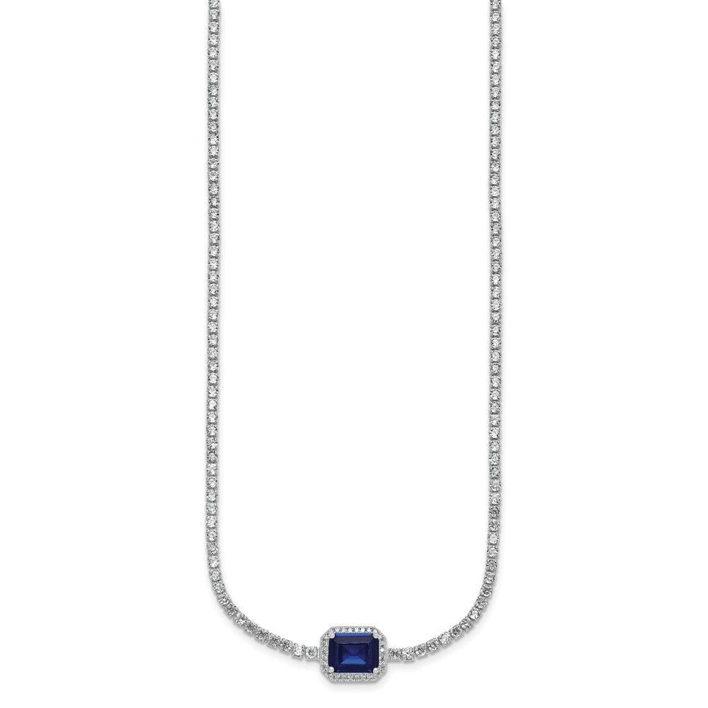 Sterling Silver Rhodium Plated Blue and White CZ 16in W/ 2in Ext Tennis Necklace
