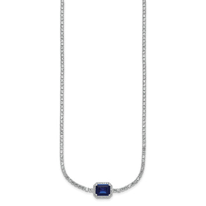 Sterling Silver Rhodium Plated Blue and White CZ 16in W/ 2in Ext Tennis Necklace