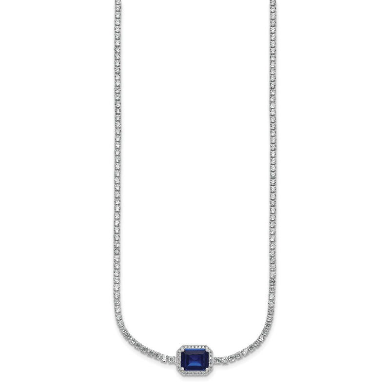 Sterling Silver Rhodium Plated Blue and White CZ 16in W/ 2in Ext Tennis Necklace