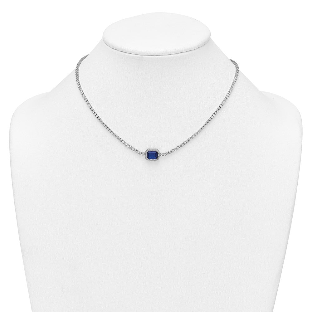 Sterling Silver Rhodium Plated Blue and White CZ 16in W/ 2in Ext Tennis Necklace