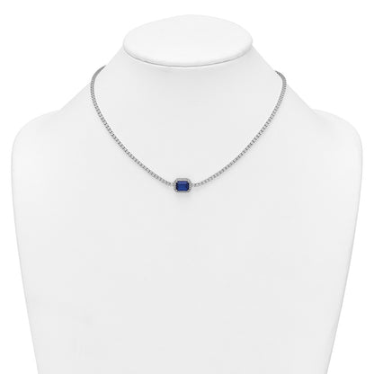 Sterling Silver Rhodium Plated Blue and White CZ 16in W/ 2in Ext Tennis Necklace
