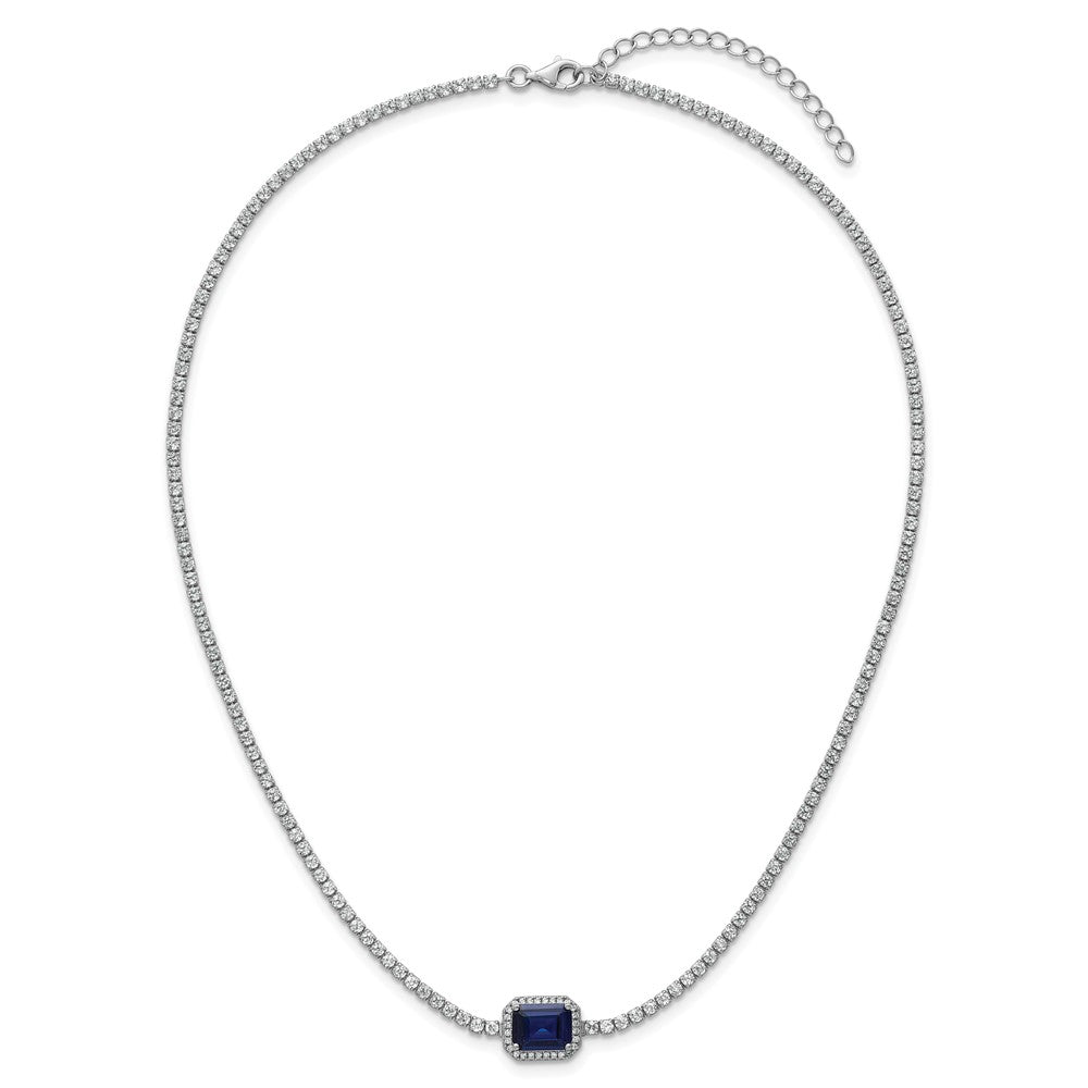 Sterling Silver Rhodium Plated Blue and White CZ 16in W/ 2in Ext Tennis Necklace