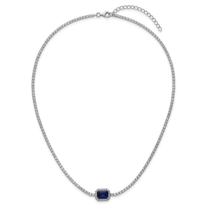 Sterling Silver Rhodium Plated Blue and White CZ 16in W/ 2in Ext Tennis Necklace