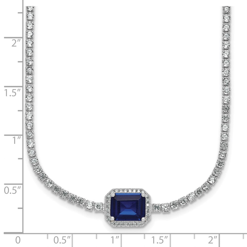 Sterling Silver Rhodium Plated Blue and White CZ 16in W/ 2in Ext Tennis Necklace