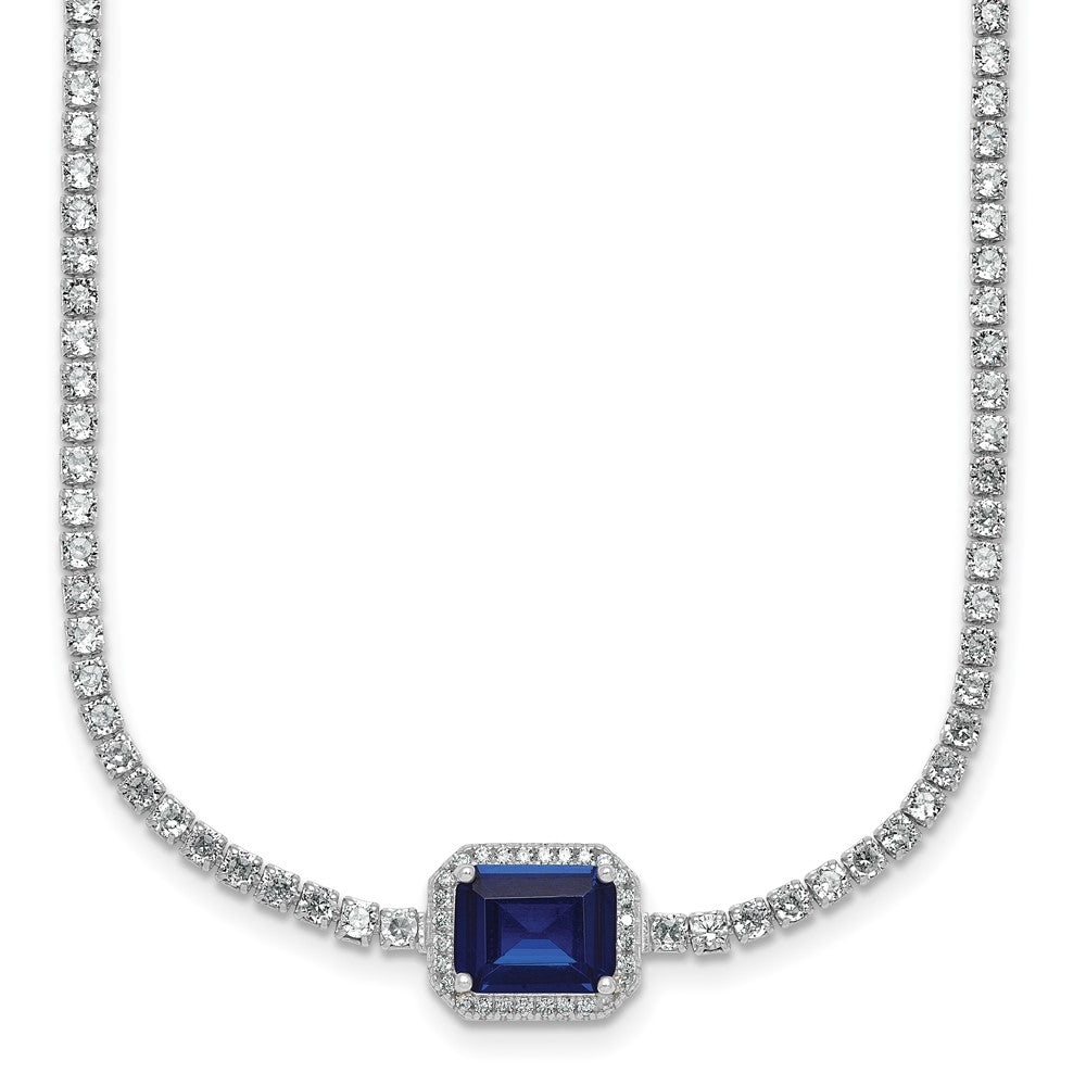 Sterling Silver Rhodium Plated Blue and White CZ 16in W/ 2in Ext Tennis Necklace