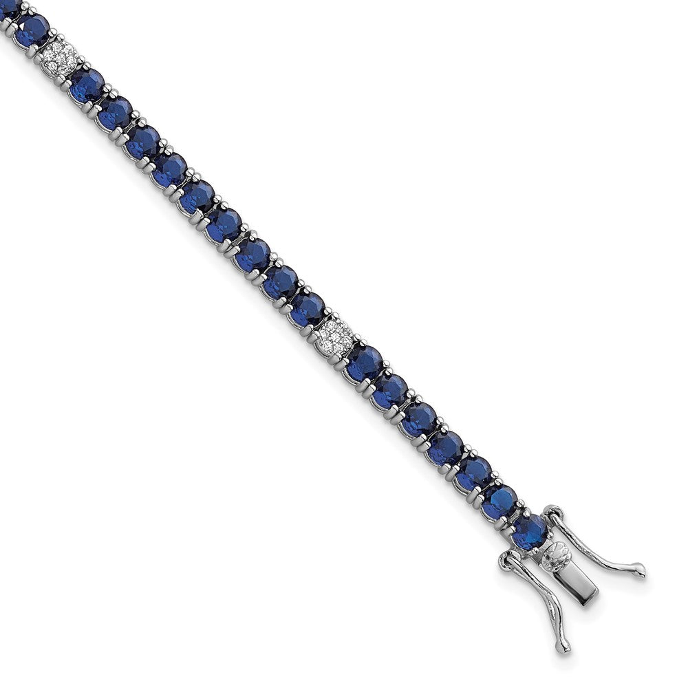 Sterling Silver Rhodium Plated Polished Blue and White CZ 7in Tennis Bracelet