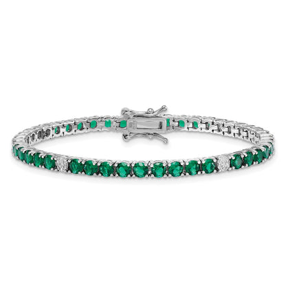 Sterling Silver Rhodium Plated Polished Green and White CZ 7in Tennis Bracelet