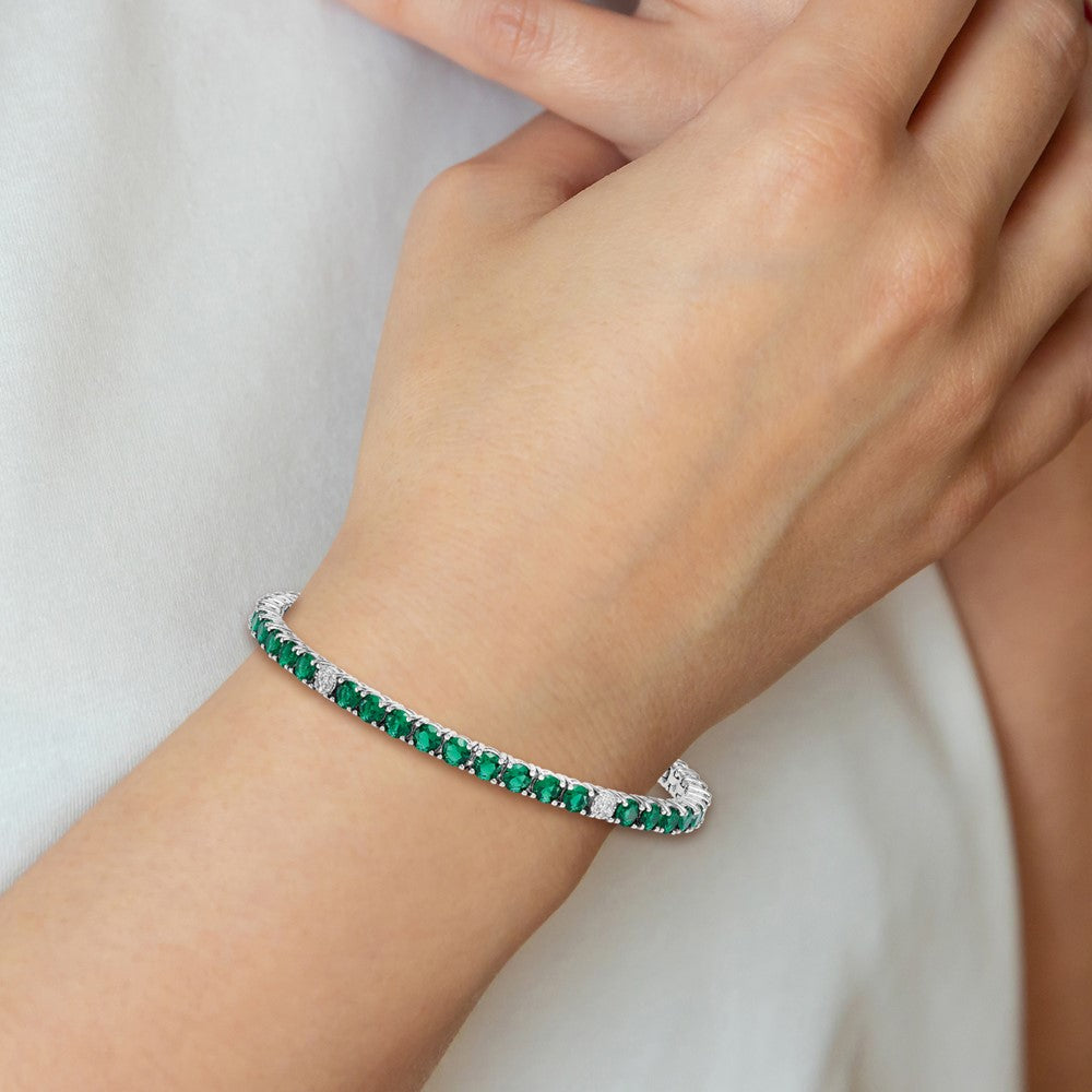 Sterling Silver Rhodium Plated Polished Green and White CZ 7in Tennis Bracelet