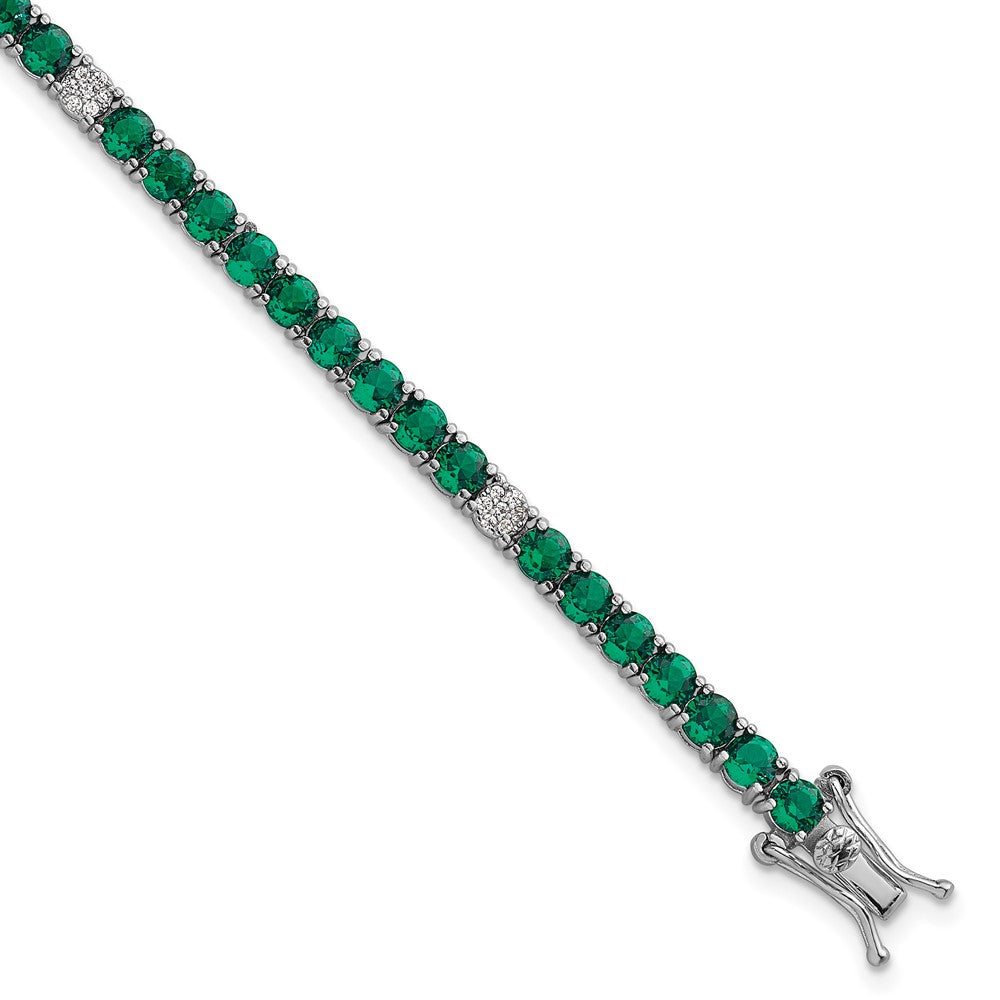 Sterling Silver Rhodium Plated Polished Green and White CZ 7in Tennis Bracelet