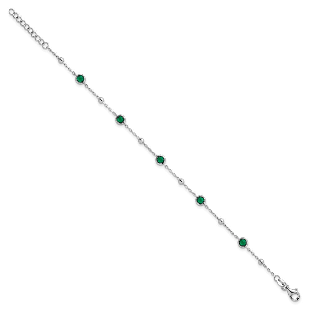 Sterling Silver Rhodium Plated Beaded Green CZ 7in w/1in Ext Bracelet