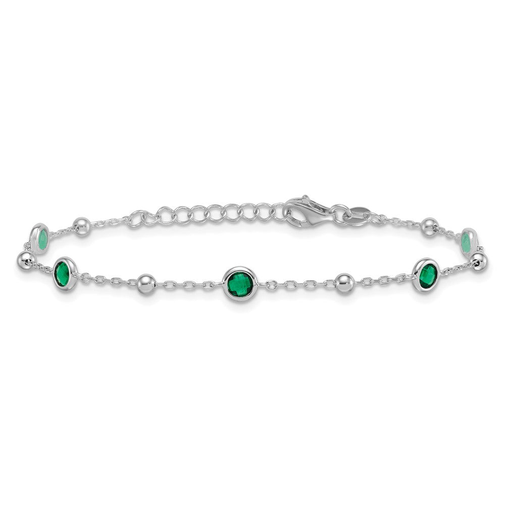 Sterling Silver Rhodium Plated Beaded Green CZ 7in w/1in Ext Bracelet