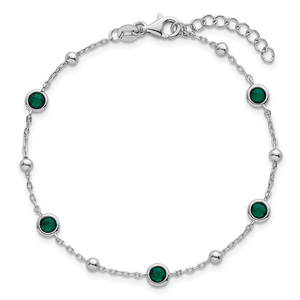 Sterling Silver Rhodium Plated Beaded Green CZ 7in w/1in Ext Bracelet