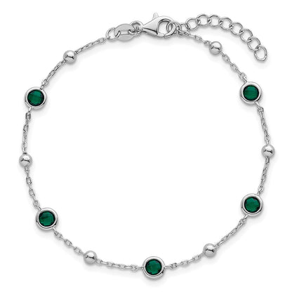 Sterling Silver Rhodium Plated Beaded Green CZ 7in w/1in Ext Bracelet