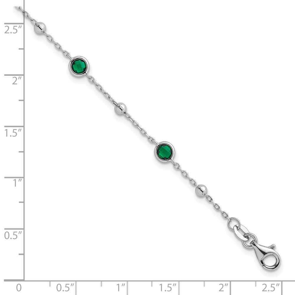 Sterling Silver Rhodium Plated Beaded Green CZ 7in w/1in Ext Bracelet