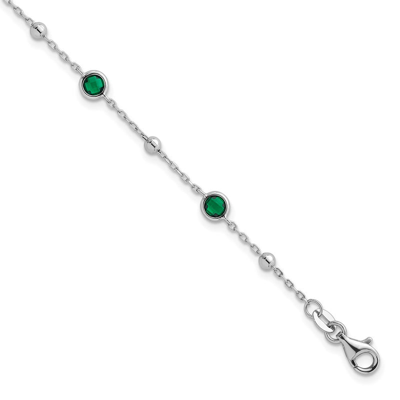 Sterling Silver Rhodium Plated Beaded Green CZ 7in w/1in Ext Bracelet