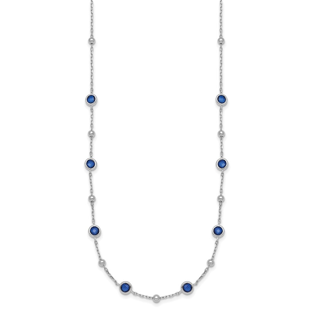 Sterling Silver Rhodium Plated and Beaded Blue CZ 16in w/2in Ext Necklace