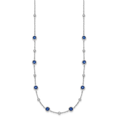 Sterling Silver Rhodium Plated and Beaded Blue CZ 16in w/2in Ext Necklace