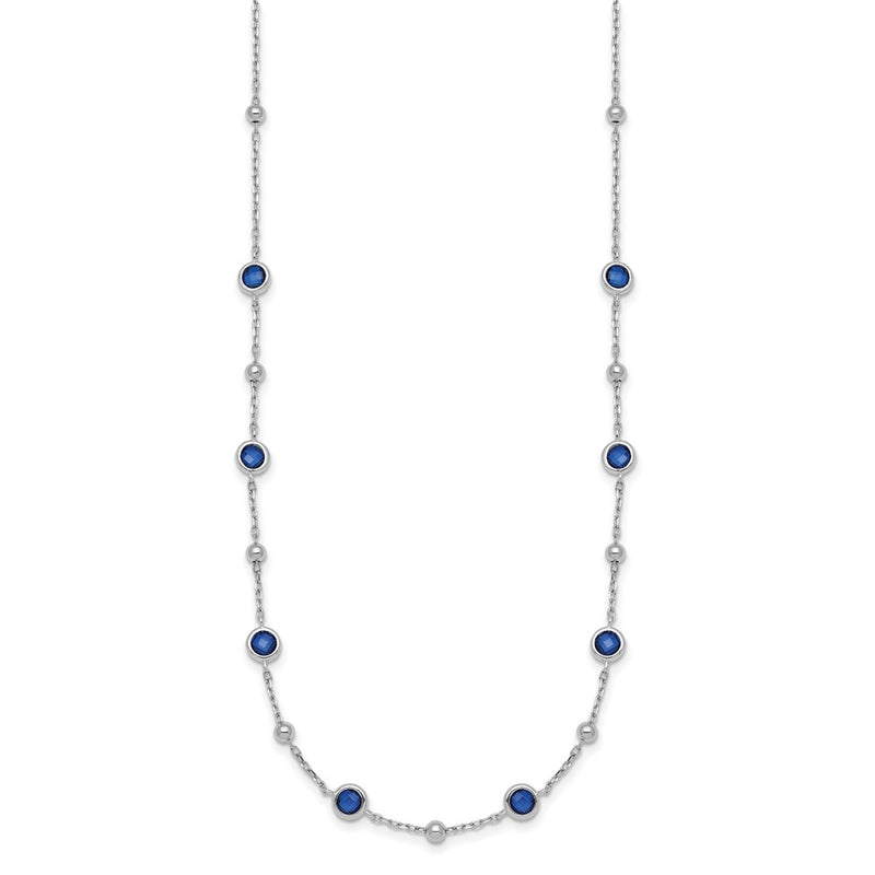 Sterling Silver Rhodium Plated and Beaded Blue CZ 16in w/2in Ext Necklace